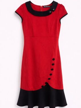 Nice Forever Dress L Fit & Flare Mini Red Black Cap Sleeve Button Front